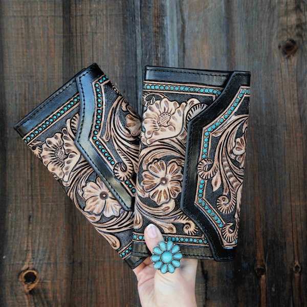 THE BETH-Western Black Tooled Leather Wallet-Women’s Leather Clutch-Large Genuine Leather Wallet-Western Gifts for Her-Cowgirl Gifts-Rodeo