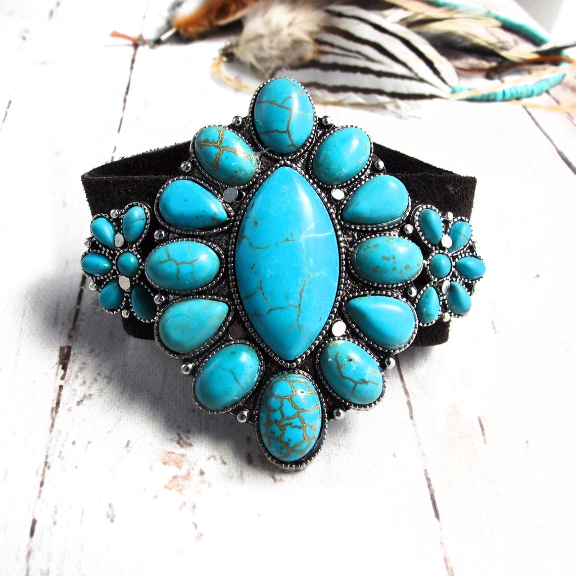 Large Turquoise Squash Blossom BraceletWestern Leather Cuff Etsy