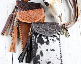 THE DURANGO-Cowhide Crossbody Phone Bag-Small Western Leather Bags-Tooled Leather Crossbody Cellphone Purse-Smart Phone Purse-Hand Stitched