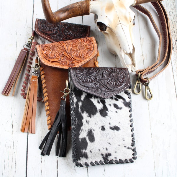 THE DURANGO-Cowhide Crossbody Phone Bag-Small Western Leather Bags-Tooled Leather Crossbody Cellphone Purse-Smart Phone Purse-Hand Stitched