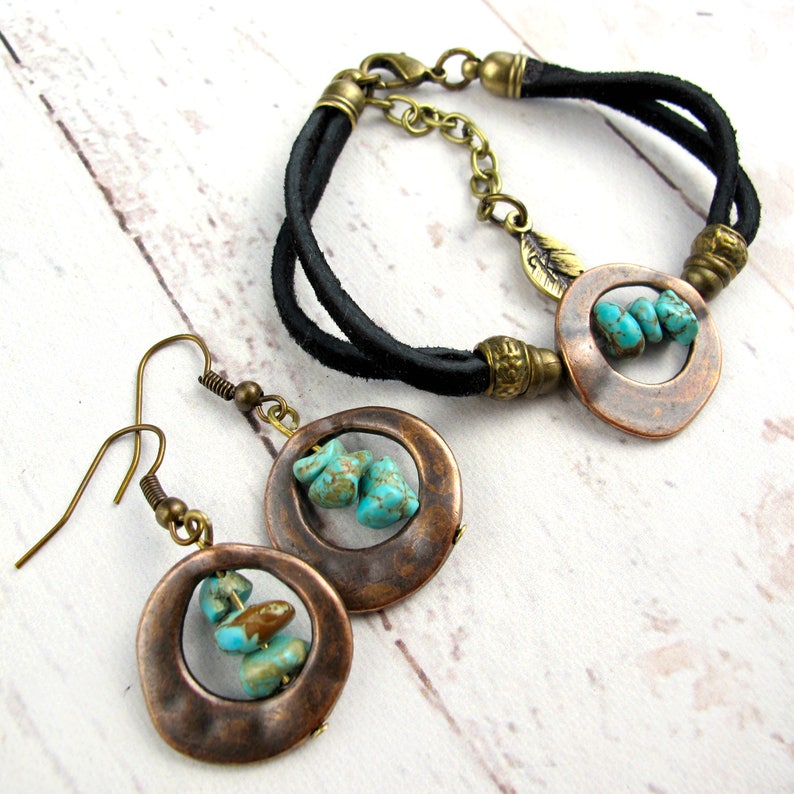 Western Turquoise Stone & Leather Bracelet Set-Boho Style Dangle Earrings-Western Earrings-Western Jewelry-Cowgirl Gifts-Rodeo Jewelry image 5