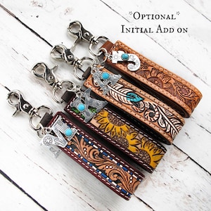 Tooled Leather Key Clip-Western Leather Keychain Wristlet-Personalized Key Fob-Cowgirl Car Key Wristlet-Western Key Strap-Wrist Keychain image 2