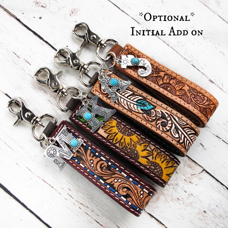 Tooled Leather Key Clip-Western Leather Keychain Wristlet-Personalized Key Fob-Cowgirl Car Key Wristlet-Western Key Strap-Wrist Keychain image 2