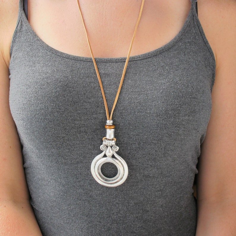 Long Necklace With Pendantround Silver Ring Necklacelong Etsy