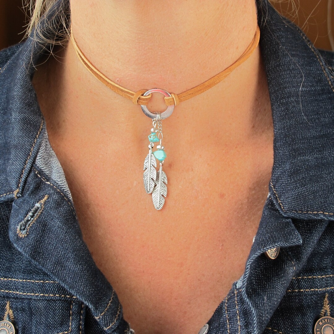 Boho Leather Choker for Womensilver Feather Choker Necklacecowgirl