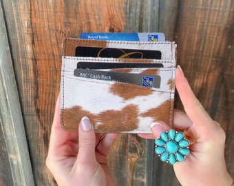 Cowhide Leather Credit Card Holder-Hand Stitched Leather Wallet-Western Gifts-Genuine Hair On Cowhide Leather Credit Card Wallet-Leather Bag