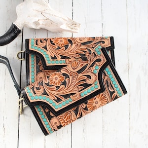 The "BETH", Tooled Leather Western Wallet & Wristlet - Cowhide Clutch for Women with Genuine Leather