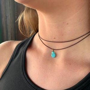 Dainty Double Layered Choker Necklace-Minimalist Boho Choker-Adjustable Simple Choker-Turquoise Teardrop Necklace-Delicate Cord Choker-