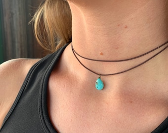 Dainty Double Layered Choker Necklace-Minimalist Boho Choker-Adjustable Simple Choker-Turquoise Teardrop Necklace-Delicate Cord Choker-