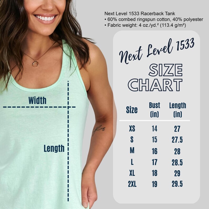 May include: A light green Next Level 1533 racerback tank top. The image includes a size chart with bust and length measurements in inches. The tank top is made of 60% combed ringspun cotton and 40% polyester.