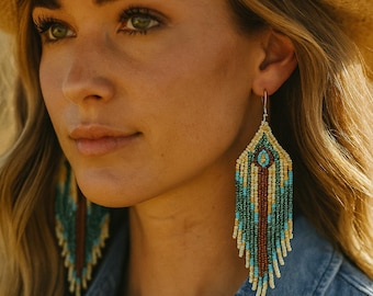 Beaded Fringe Earrings: Seed Bead Turquoise & Brown Cowgirl Tassel Earrings