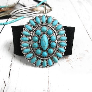 Chunky Turquoise Cluster Bracelet-Large Turquoise Bracelet-Gemstone Bracelet-Statement Western Gifts-Leather Cuff-Cowgirl Bracelet