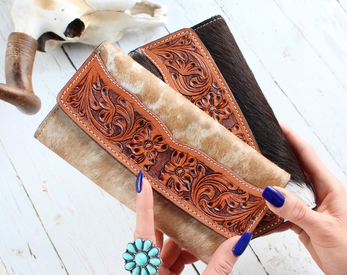 The BELLE-Womens Tooled Leather Bifold Wallet-Genuine Cowhide Hand Stitched Leather Wallet-Credit Card Wallet-Western Hair On Hide Clutch