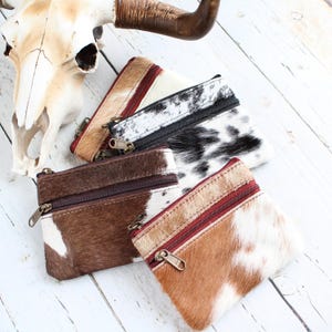 Porte-monnaie en cuir de vachette - Cache-poussière - Pochette double zippée avec poils sur cuir - Mini portefeuille western - Porte-cartes de crédit - Porte-monnaie en cuir de vachette