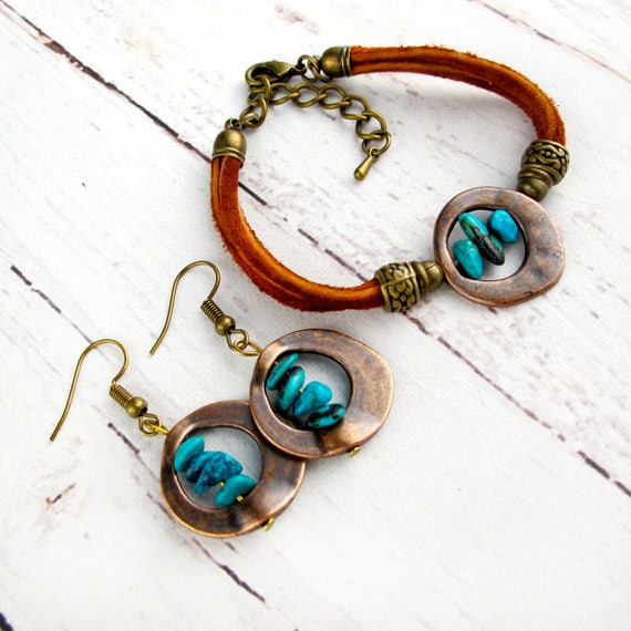 Boho Turquoise Bracelet & Earrings Set: Bronze Leather, December Birthstone