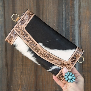 THE BANDERA-Western Tooled Leather Wallet-Cowhide Leather Wallet with Crossbody Strap-Womens Everyday Crossbody Leather Purse Clutch
