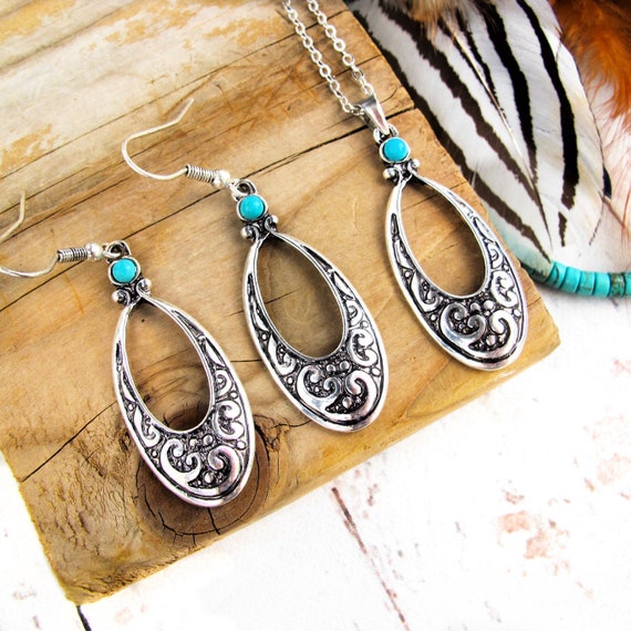 Boho Jewelry Set for Women-western Jewelry Gifts-turquoise and Silver  Jewelry-silver Bohemian Pendant Necklace and Silver Drop Earrings -   Canada