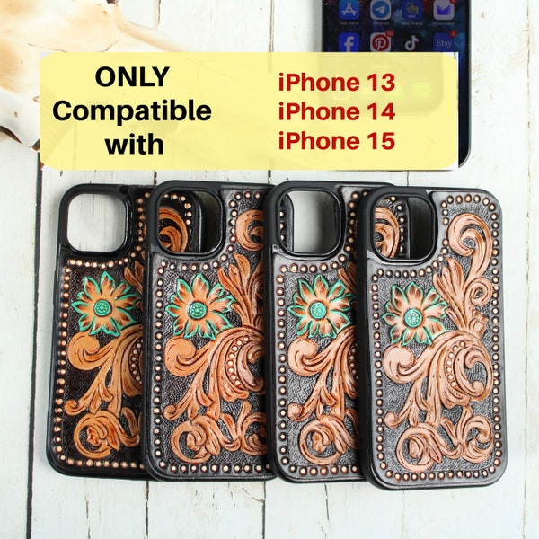 Trendy Western Genuine Leather iPhone Case-Cowgirl Tooled Leather Phone Case for iPhone 13, iPhone 14  and iPhone 15 -Standard iPhones ONLY