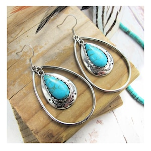 Western Turquoise Hoop Earrings-Boho Turquoise Stone and Stamped Silver Earrings-Cowgirl Earrings-Western Jewelry-Western Gifts-Cowgirl Gift