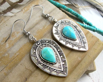 Western Turquoise Earrings-Stamped Silver & Turquoise Stone Earrings-Cowgirl Gifts-Western Gifts-Tear Drop Shaped Western Earrings-Rodeo