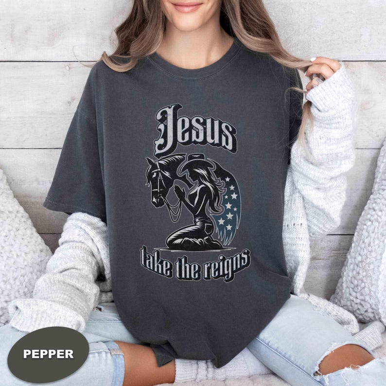 Jesus Take the Reins Shirt, Christian Cowgirl Tee, Comfort Colors® Faith Western Shirt Pepper Tee