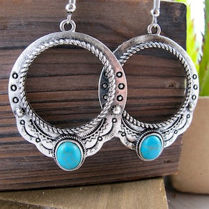 Stylish Western Earrings-Stamped Silver Hoop Earrings-Turquoise Earrings-Cowgirl Earrings-Western Gifts-Chunky Earrings-Hand Stamped Earring
