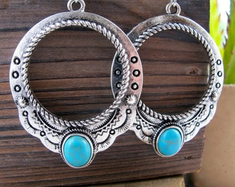 Stylish Western Earrings-Stamped Silver Hoop Earrings-Turquoise Earrings-Cowgirl Earrings-Western Gifts-Chunky Earrings-Hand Stamped Earring