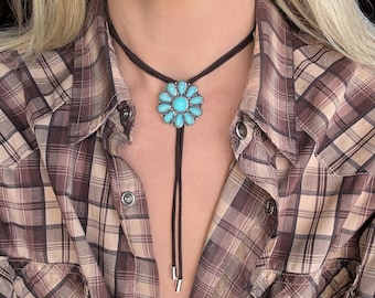 Western Leather Wrap Choker Necklace with Sliding Turquoise Concho