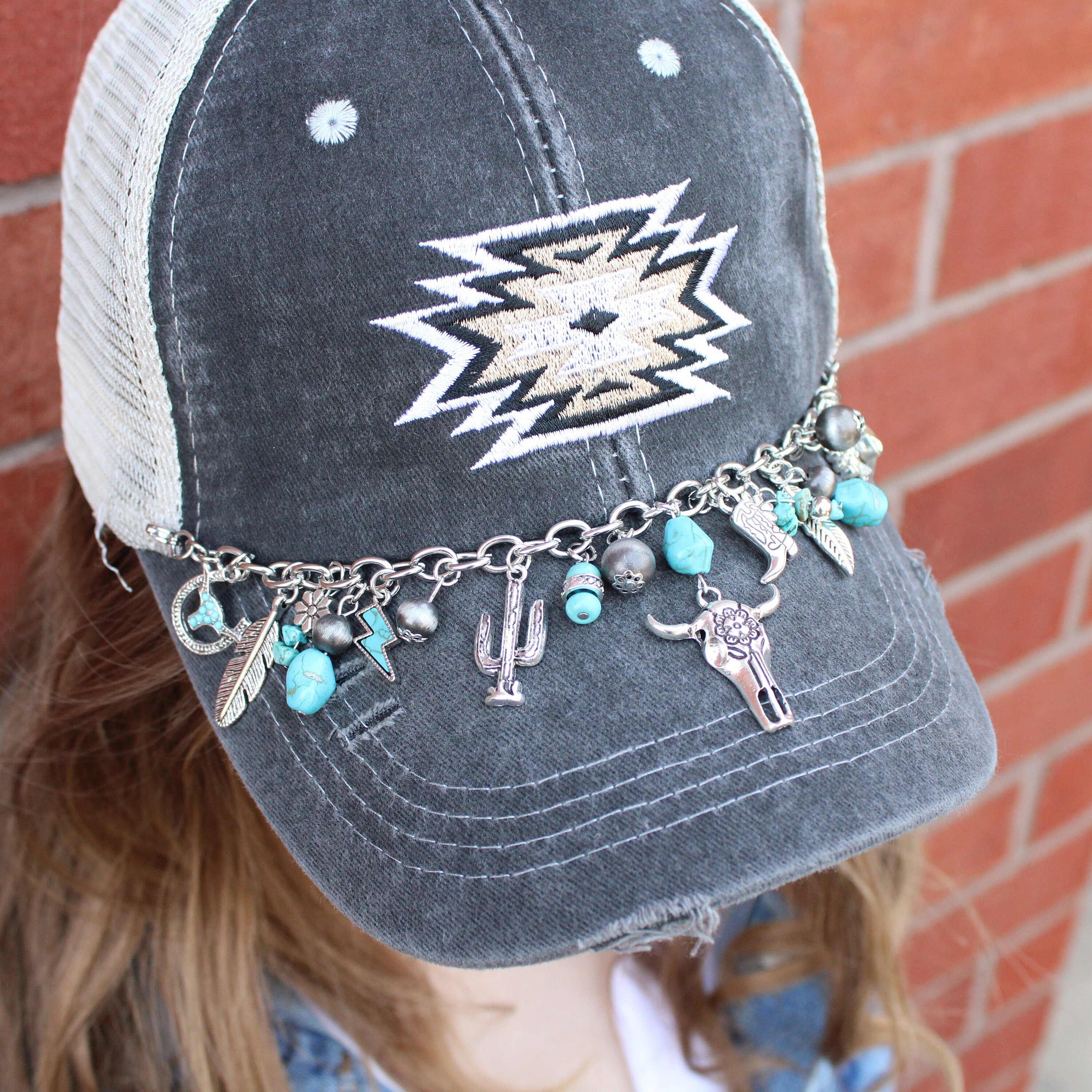 Blue and White TX Trucker Hat with Chain Trucker Hat Chain and Charms - Desert – The Feisty Bull Boutique main image 3