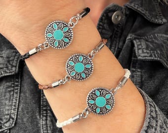 Turquoise Flower Charm Bracelet: Boho Western Faux Leather Cord