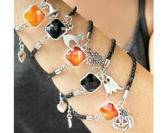 Halloween Jewelry-Halloween Charm Bracelet-Halloween Accessories-Black Cat Bracelet-Ghost Bracelet-Halloween Bracelets for Women-Witch Hat