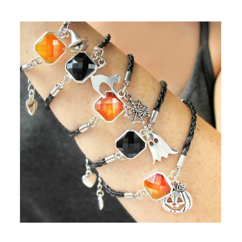 Halloween Jewelry-Halloween Charm Bracelet-Halloween Accessories-Black Cat Bracelet-Ghost Bracelet-Halloween Bracelets for Women-Witch Hat image 1