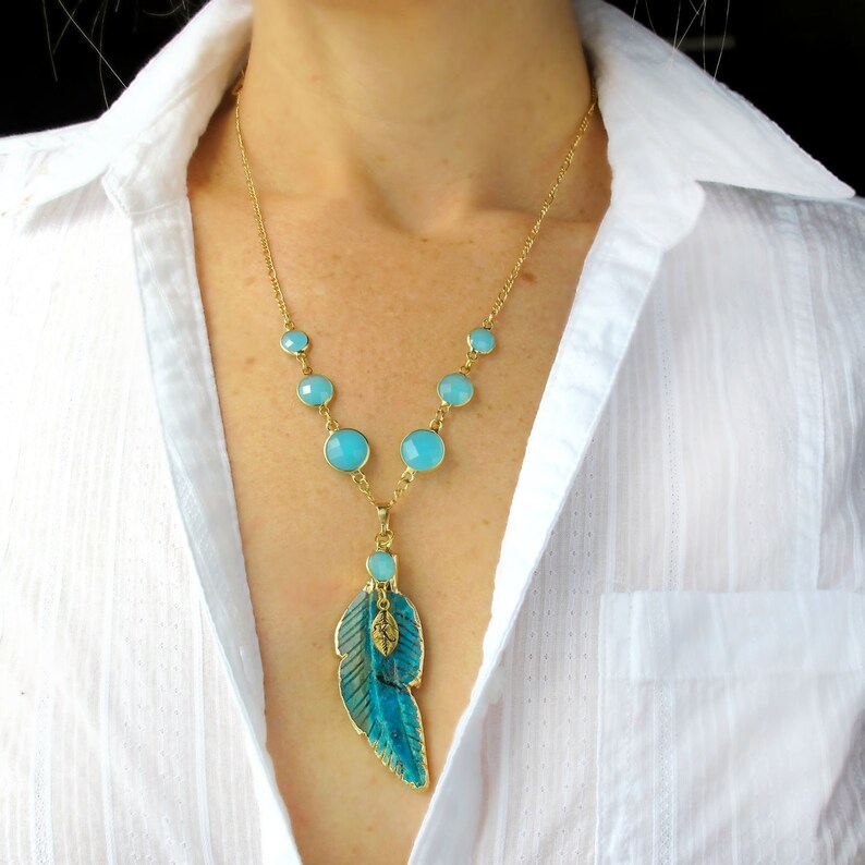 Turquoise Jewelry Necklace-Boho Necklace Long-Turquoise Feather Necklace-Long Bohemian Necklace-Boho Jewelry-Long Gemstone Necklace-Mom Gift