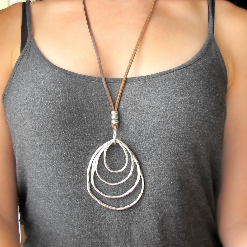 Boho Long Leather Necklace: Silver Rings Pendant, Statement Jewelry image 1