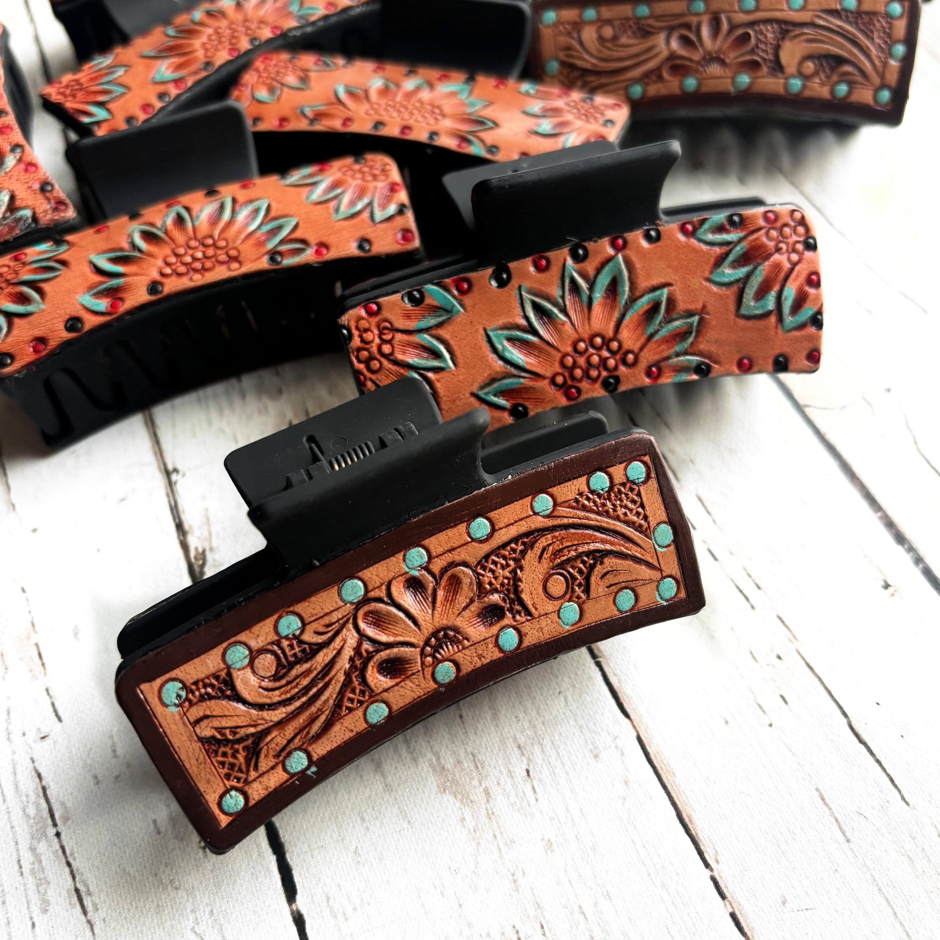 Hand Tooled Leather Hair Clips - Etsy