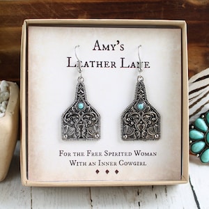 Western Cow Tag Earrings: Silver Tooled Metal, Faux Turquoise