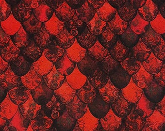 May include: A close-up of a fabric featuring a repeating pattern of red and black scales. The scales have a textured appearance with swirling patterns, creating a visually dynamic design. The colour palette is dominated by shades of red and black.
