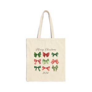 Red and Green Coquette Bows, Merry Christmas 2024, Cotton Canvas Tote Bag