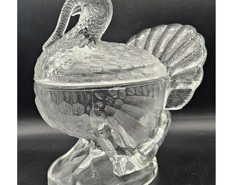 Vintage L.E. Smith Clear Pressed Glass Lidded Turkey Candy Nut Dish Thanksgiving