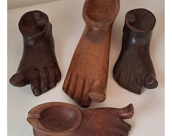 Vintage Hand Carved Wood Human Foot Shape Cigar Cigarette Ashtray Folk Art Lot