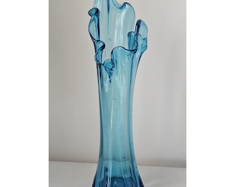 Vintage MCM Blue Swung Glass Vase 13"