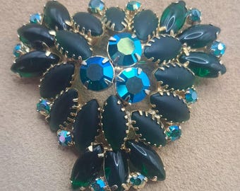 Vintage Juliana Matte Dark Green And Light Green Rhinestones Open Back Brooch.