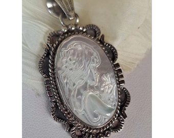 Vintage Mother-of-Pearl Cameo Pendant Sterling Silver