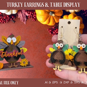Dinde de Thanksgiving découpée au laser en téléchargement numérique svg, png, pdf, dxf, xcs, boucles d'oreilles pour machines de découpe laser et machines de découpe, présentoir de table de dinde