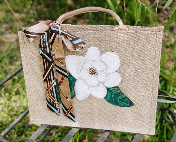 Handpainted Large Jute Tote Bag 15.312.25.9 Magnolia Floral