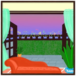 Stanza con vista. Vecchia San Juan, Porto Rico - Illustrazione su poster con cornice in legno in carta opaca premium