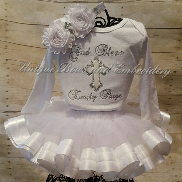 personalized baptism tutu set, God Bless cross shirt for girls, first communion dress for girls, cross headband, christening gifts for girls