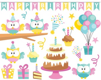 Birthday Owl Clipart Set - Instant Download - Personal and Commercial Use