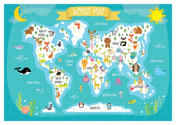 printable world map for kids Nursery Printable Animal World Map Kids World Map Poster Etsy printable world map for kids