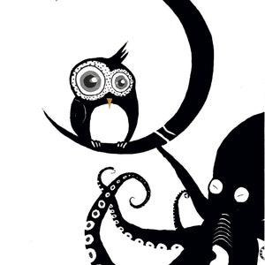 Fine Art Print-Never Let Go Black/White (Octopus/Owl Love)